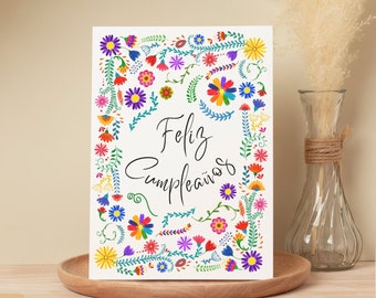 Feliz Cumpleaños Printable Card, Spanish Birthday Card For Friends, Watercolor Mexican Flowers, Digital Download, Bonus Printable Envelopes