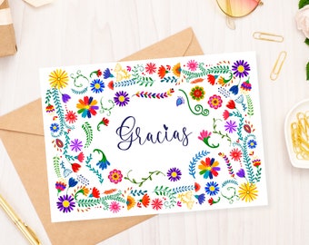 Gracias Card: Watercolor Mexican Flowers, Printable Thank You (Digital Download)