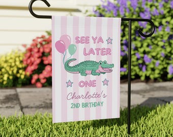 Bandiera da giardino per il secondo compleanno con alligatore, cartello di benvenuto personalizzato con alligatore "Ci vediamo dopo", bandiera per feste a righe rosa con nome del bambino, Ci vediamo dopo alligatore