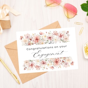 Carte de fiançailles imprimable, carte de félicitations florale aquarelle, félicitations de fiançailles, TÉLÉCHARGEMENT PDF instantané, enveloppe imprimable incluse
