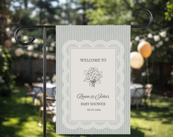 Bandiera da giardino personalizzata in finto pizzo per baby shower, cartello di benvenuto per bambina con nome e bouquet di ortensie, striscione rustico boho moderno per baby shower