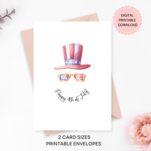 Druckbare 4. Juli Karte, digitaler Download, Unabhängigkeitstag Minimal Karte mit Aquarell Hut und Sonnenbrille, 2 Karten und Umschlägen