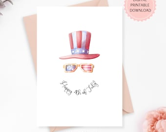 Afdrukbare 4 juli-kaart, digitale download, Independence Day minimale kaart met aquarelhoed en zonnebril, 2 kaarten en enveloppen