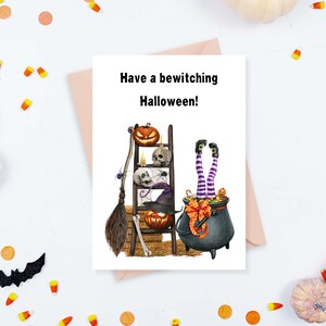 Carte imprimable Halloween, drôle de carte de voeux aquarelle, jambes de sorcière et chapeau au sous-sol, TÉLÉCHARGEMENT NUMÉRIQUE - Format A7 avec enveloppe imprimable