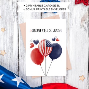 Druckbare 4. Juli Karte mit Aquarell Luftballons und Herzen, Geschenk zum Unabhängigkeitstag, digitaler Download, 2 Karten- und Umschlagvorlagen