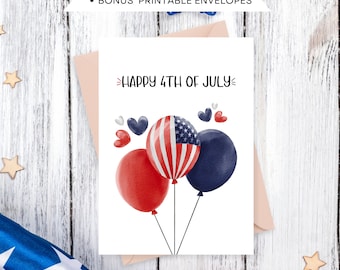 Printable Happy 4th Of July Card With Watercolor Balloons And Hearts, Independence Day Gift, Digital Download, 2 Card And Envelope Templates