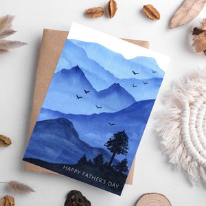 Druckbare Vatertagskarte, blaue Aquarell Berge, 5x7 Karte für Papa, Bruder, Ehemann, Sohn, Opa, PDF-DOWNLOAD, druckbare Umschlag