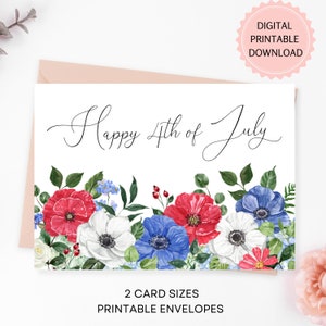 Tarjeta floral del 4 de julio, descarga digital, tarjeta del Día de los Caídos con flores de acuarela rojas, blancas y azules, sobres imprimibles incluidos.