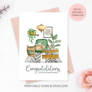Cartão de felicitações para inauguração de casa para impressão com gato dormindo em aquarela em casa, presente para novo proprietário, download digital, envelope para impressão incluído