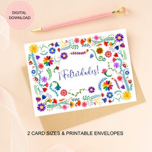 Carte imprimable Felicidades, carte de félicitations pour des fiançailles ou un mariage avec des fleurs du Mexique latine, téléchargement numérique, enveloppes imprimables incl.