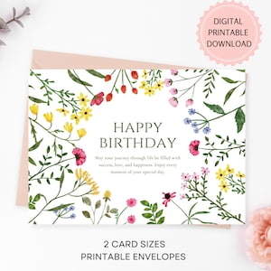 Carte de joyeux anniversaire imprimable fleurs sauvages, téléchargement numérique, prairie aquarelle, carte de félicitations fleurs sauvages, enveloppes imprimables