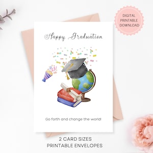 Afdrukbare Happy Graduation-kaart, digitale download, aquarel kaart wereldbol en confetti, afstudeerkaart middelbare school met afdrukbare enveloppen