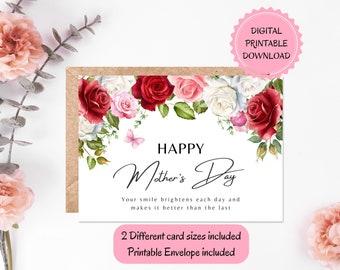 Happy Mother's Day Printable Card | DIGITAL DOWNLOAD | Watercolor Roses Mother's Day Card, Greeting Card With Printable Envelope