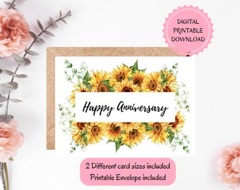 Watercolor Anniversary Card With Sunflowers, DIGITAL DOWNLOAD, Happy Anniversary Card, Sunflowers Printable Card With Printable Envelopes