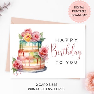 Geburtstagstorte druckbare Karte, Glückwunschkarte Aquarell mit Rosen, schöne Grußkarte für sie, druckbare Umschläge, digitaler Download