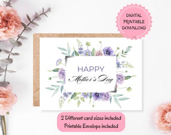 Mother's Day Printable Card | DIGITAL DOWNLOAD | Watercolor Purple Flowers Frame Card, Floral Greeting Card With Printable Envelope