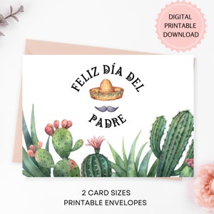 Feliz Dia Del Padre druckbare Karte, DIGITALER DOWNLOAD, Sombrero und Schnurrbart-Aquarellkakteen-spanische Karte für Papa mit druckbaren Umschlägen