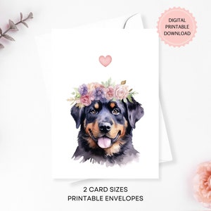 Cartão de felicitações para impressão de cachorro Rottweiler, animal de estimação Rottweiler, download digital, cartão de aniversário em aquarela, cartão de simpatia + envelopes para impressão
