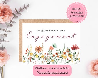 Printable Engagement Card | DIGITAL DOWNLOAD | Watercolor Wild Flowers Congrats Card, Engagement Card. Printable Envelope Included