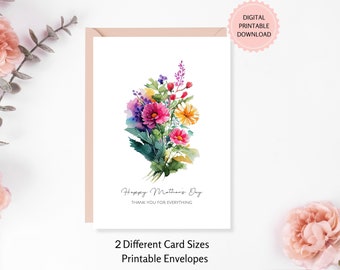 Happy Mother's Day Botanical Card, DIGITAL INSTANT DOWNLOAD, Watercolor Minimal Card, Wildflowers Greeting Card, Printable Envelopes