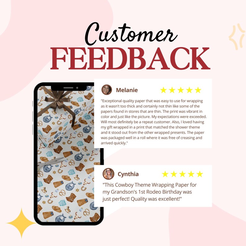 May include: A smartphone screen displaying Customer Feedback with two five-star reviews from Melanie and Cynthia. The screen shows a background of white wrapping paper featuring a repeating pattern of brown cowboy boots, hats, and horseshoes.