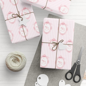 Pink Rocking Horse Wrapping Paper Roll, Vintage Style Frame Horse Pattern, Pink Striped Girl Baby Shower Gift Wrap