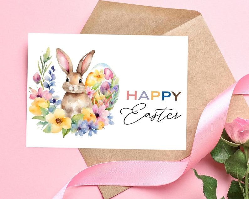 Happy Easter Printable Card DIGITAL DOWNLOAD Printable Easter Bunny Card, Watercolor Easter Greeting Card With Printable Envelope image 2