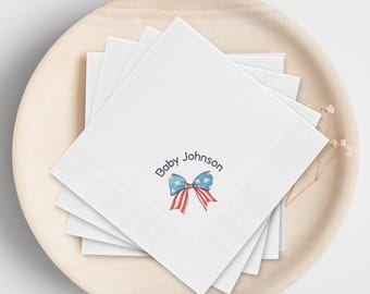 Red White and Due Baby Shower Napkins, Summer Fourth of July Themed Party Table Decor, Baby-Q Theme, Personalized Napkins Set of 50 or 100