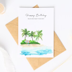 Tarjeta de cumpleaños personalizada con tema de playa, acuarela de playa con palmeras, DESCARGA DIGITAL, tarjeta de feliz cumpleaños imprimible con océano