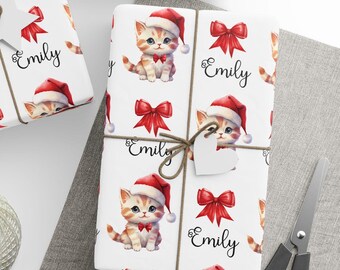Cute Kitty Personalized Christmas Wrapping Paper, Custom Name Xmas Gift Wrap, Winter Holiday Cheer, Gift Packaging Paper Roll For Cat Lovers