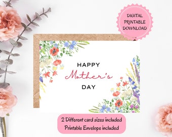 Printable Mother's Day Card, Watercolor Mother's Day Card, Floral Greeting Card | DIGITAL INSTANT DOWNLOAD | Printable Envelope Included