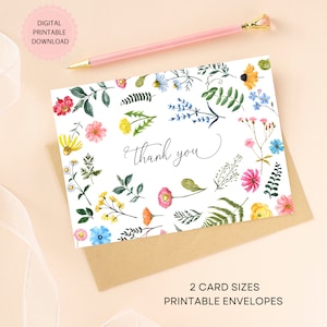Florale druckbare Dankeskarte, Aquarell kleine Wildblumen Urlaub oder Visitenkarte Vorlage mit druckbaren Umschlägen, digitaler Download