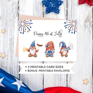 Tarjeta imprimible del 4 de julio, descarga digital, tarjeta de felicitación del Día de la Independencia con gnomos de acuarela, 2 plantillas de tarjetas y sobres