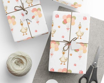 One Silly Goose Birthday Wrapping Paper, Geese with Balloons and Presents Pattern Gift Wrap, Girl Baby Shower Packaging, 1st Birthday Party