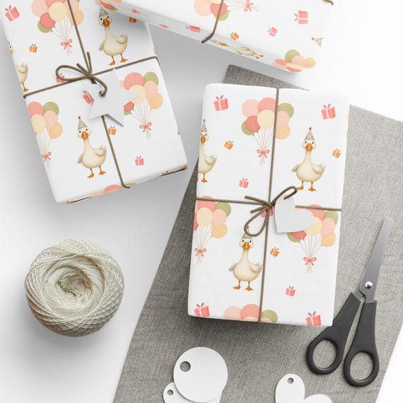 Silly Goose Birthday Wrapping Paper, One Silly Goose, Balloons and Presents Gift Wrap, Baby Girl Shower Wrap, Girly Wrapping Paper Roll