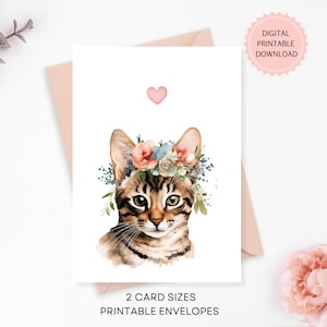Carte de chat du Bengale, téléchargement numérique, chat du Bengale aquarelle avec fleurs, carte pour amoureux des chats, carte de maman chat avec enveloppes imprimables
