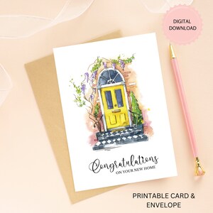 Tarjeta de felicitación imprimible de inauguración de la casa con puerta y enredaderas amarillas de acuarela, regalo para nuevo propietario, descarga digital, sobre imprimible incluido.