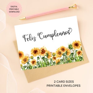 Cartão de Feliz Cumpleaños para imprimir, download digital, cartão de aniversário espanhol com girassóis em aquarela, envelopes bônus para imprimir