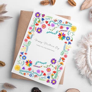 Biglietto di auguri per la festa della mamma, DOWNLOAD DIGITALE, biglietto stampabile per la mamma, disegno ad acquerello con arte popolare messicana, buste stampabili incluse