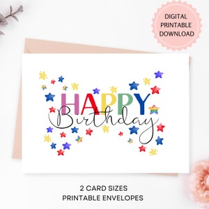 Cartão de Feliz Aniversário para Imprimir, Estrelas em Aquarela em Forma de Borboleta, Cartão de Saudação, Download Digital em PDF, Envelopes Bônus para Imprimir