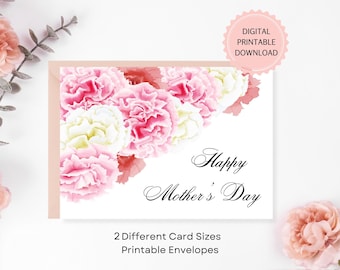 Happy Mother's Day Card, DIGITAL DOWNLOAD, Watercolor Carnation Printable Card, The First Flower Of Mother's Day, Printable Envelopes
