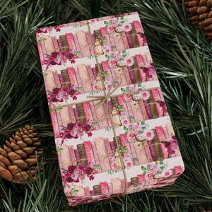 Pink Books and Roses Wrapping Paper, Book Lovers Gift, Watercolor Bookshelf Wrapping Paper Roll for Literature Lovers, Reader Lovers Wrap