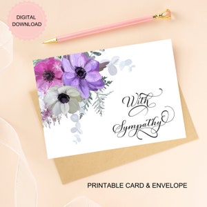 Bloemen afdrukbare condoleancekaart, aquarel condoleancekaart met boeket en sneeuwvlokken, DIGITALE DOWNLOAD, inclusief afdrukbare envelop