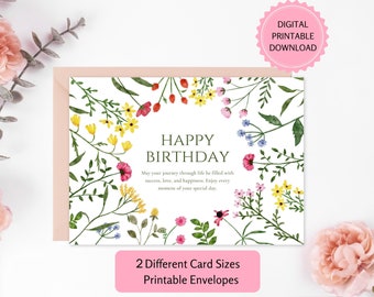 Floral Printable Happy Birthday Card | DIGITAL DOWNLOAD | Watercolor Meadow, Wild Flowers Frame Congratulations Card | Printable Envelope