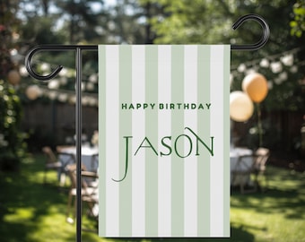 Bandiera di benvenuto personalizzata per compleanno, cartello di benvenuto personalizzato per il giardino, striscione per feste a righe blu e verdi, bandiera di benvenuto personalizzata in tessuto