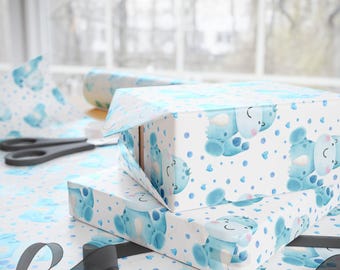 Blue Baby Dinosaur Wrapping Paper: Watercolor Dino and Hearts Gift Wrap