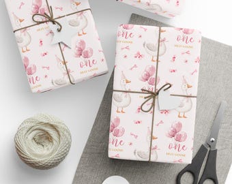 Pink Silly Goose 1st Birthday Wrapping Paper, Pink Bows and Balloons, Baby Shower Gift Wrap
