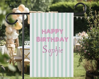 Bandiera di buon compleanno per il giardino, cartello di compleanno personalizzato per il giardino, striscione per feste a righe menta e rosa personalizzato con nome, cartello di benvenuto in tessuto personalizzato