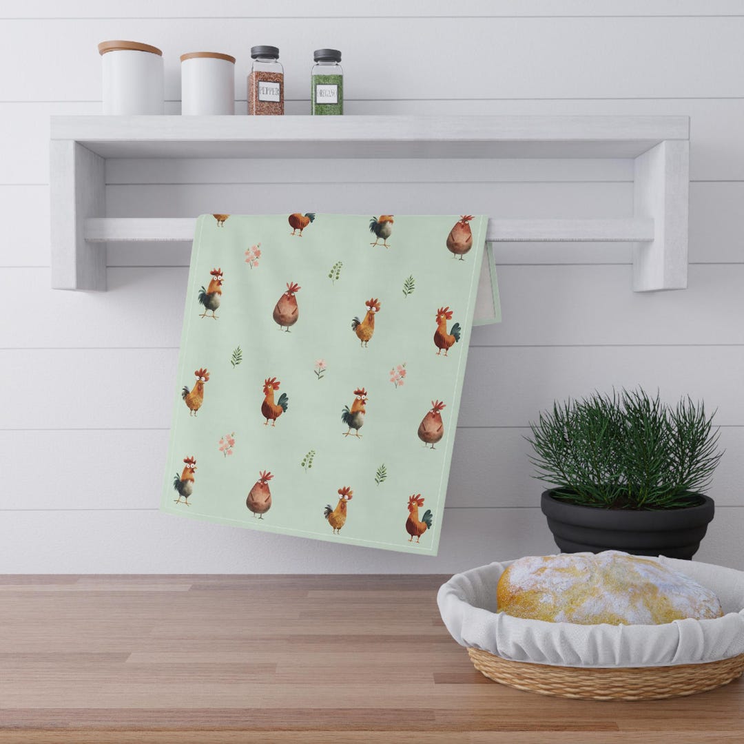 Funny Roosters and Hens Tea Towel, Chickens and Flowers Pattern ...