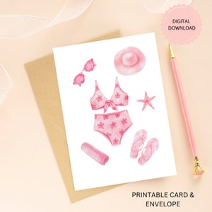 Tarjeta de felicitación de verano rosa para ella, tarjeta imprimible en acuarela para cualquier ocasión o feliz cumpleaños, descarga digital, sobre imprimible adicional.